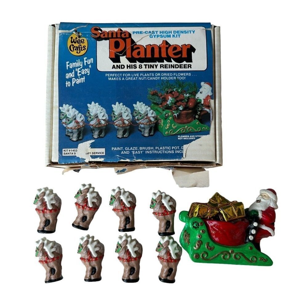 WEE CRAFTS Santa Planter And His‎ 8 Tiny Reindeer Painted Christmas VTG